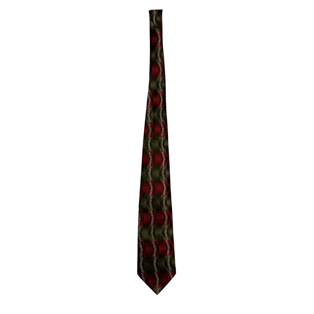 Carlos Devenezia Mens Necktie 59”L 4”W Handmade Geometric Red Olive Green Tie